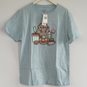 NWOT Pusheen Light Blue Short Sleeve Tee with Pastel Dessert Graphic.